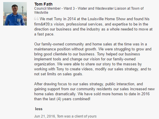 Recommendation delivered via LinkedIn. See http://www.linkedin.com/in/latonykovach Let’s note that Tom and the Fath family have done a ton of good work. They were receptive to trying new appraoches, and they embraced them in a positive, professional fashion. Success in any venture that involves multiple people is always a result of good team effort, the Fath family underscores the truth of that statement. The Fath’s executed on a good plan! Kudos to them.