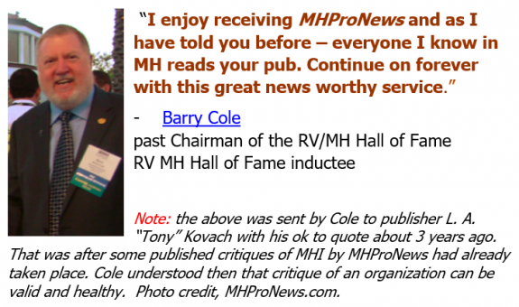 BarryColePastChairRVMHHallofFamePraisingMHProNewsMastheadManufacturedHomeIndustryCommentaryAnalysisReports