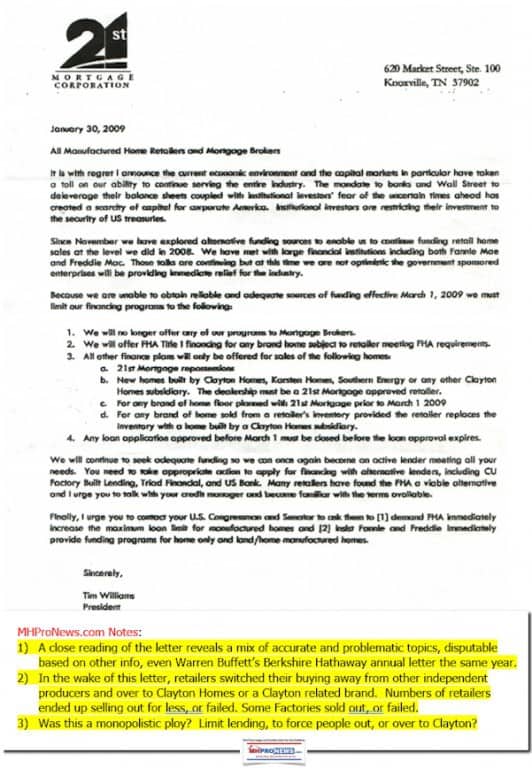 21stMortgageCorpLogoLetterheadJan302009TimWilliamsRetailersBrokersCutSpecifiedLendingMonopolisticConcernManufacturedHome