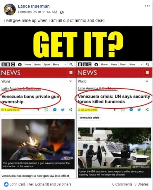 LanceIndermanIWillGiveUpMyGunWhenIAMalloutofAmmoandDeadVenezulaBansGunOwnershipSecurityForcesKIllHundredsFBDailyBusinessNEwsMHProNews