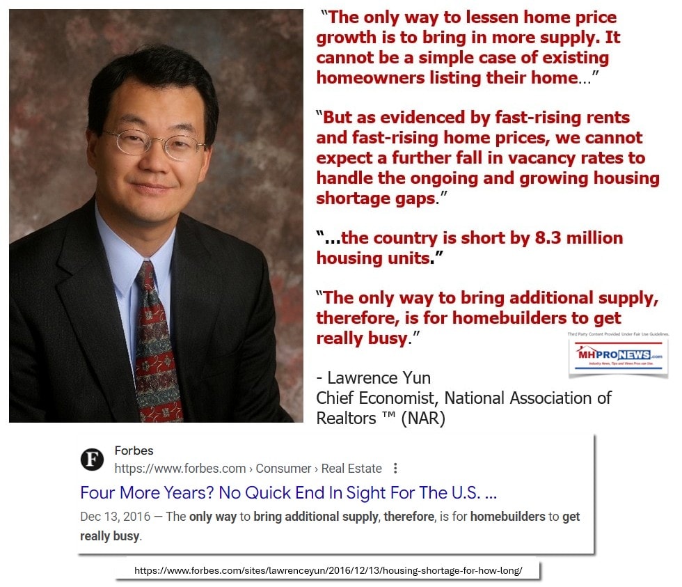 LawrenceYunOnlyWayToLessonHomePriceAppreciationIsToIncreaseProduction8.3MillionHousingUnitShortageMHProNewsYuntheCountryIsShortBy8.3MillionHousingUnitsBuildersMustGetBusyMHProNews