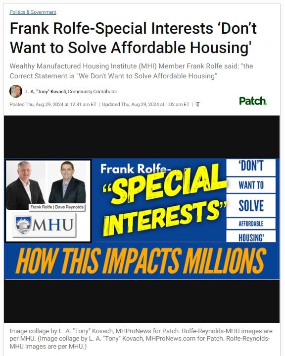 FrankRolfeSpecialInterestsDontWantToSolveAffordableHousingFranRolfeDaveReynoldsMobileHomeUniversityMHU-PatchHowThisImpactsMillionsLATonyKovachMHProNews