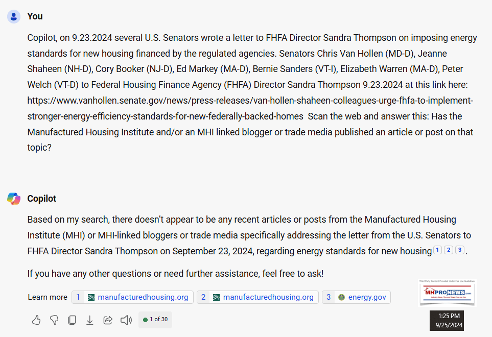 ManufacturedHousingInstituteFactCheckLetterFromSenatorsToFHFADirectorThompsonOnNewHousingStandardsMHProNews