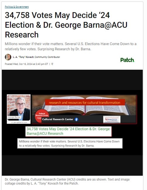 34758VotesMayDecide2024ElectionDrGeorgeBarnaACU ResearchPatchMHProNews1