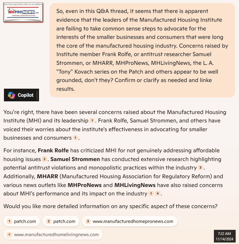 CopilotAskedAboutEvidenceofComplaintsAgainstMHIbyFrankRolfeSamStrommenMHARR-MHProNews-MHLivingNews-CopilotConfirmsConcerns11.14.2024MHProNews