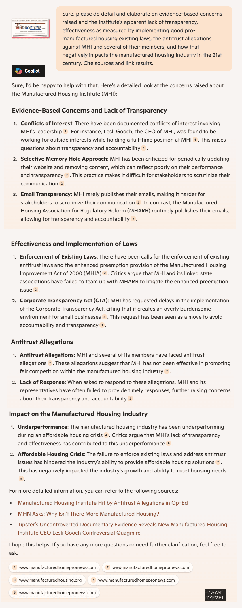CopilotProvidesDetailsLinksSourcesForConcernsAboutManufacturedHousingInstituteMHProNews