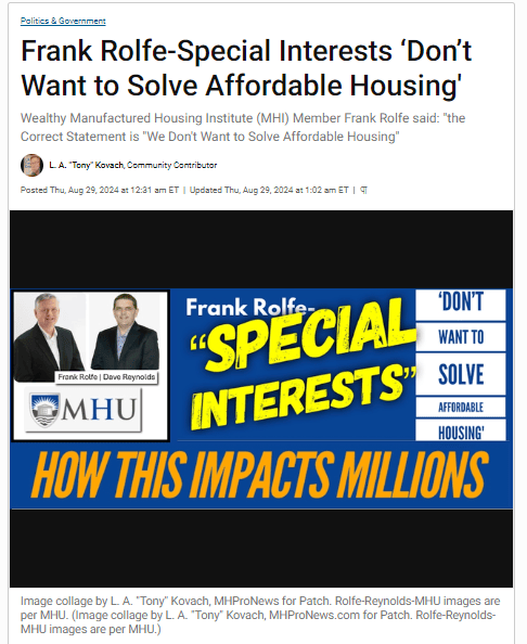 FrankRolfeSpecialInterestsDontWantToSolveAffordableHousingPatchScreenshot 2024-11-03 074735MHProNews