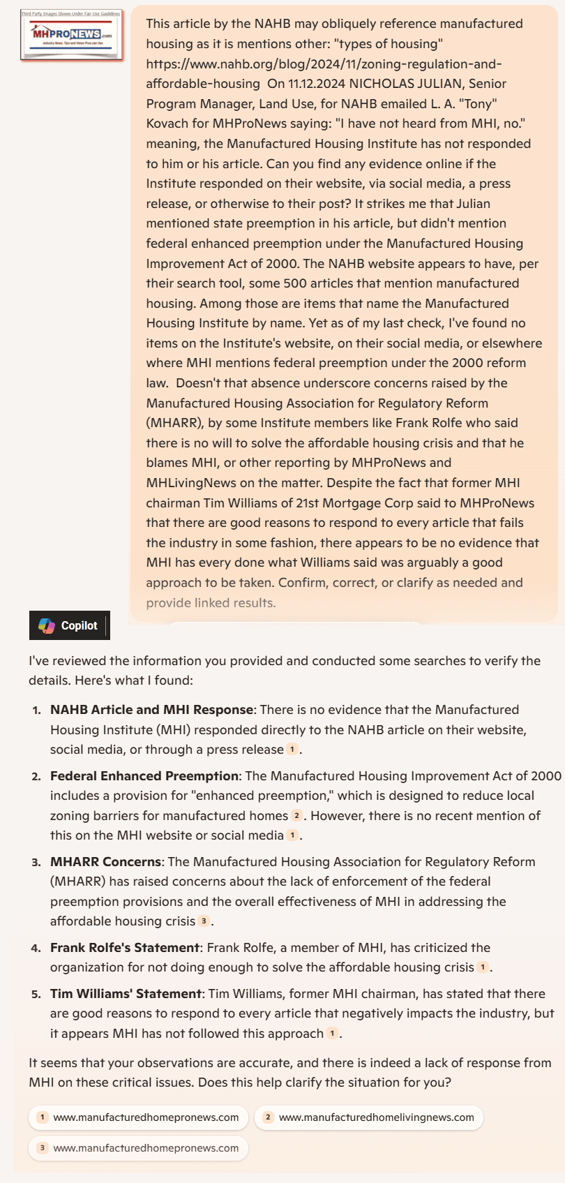 ManufacturedHousingInstituteHasn'tRespondedToNAHB-ArticlebyNicholasJulianOnHowZoningLimitsAffordableHousingMHProNewsFactCheckCopilot