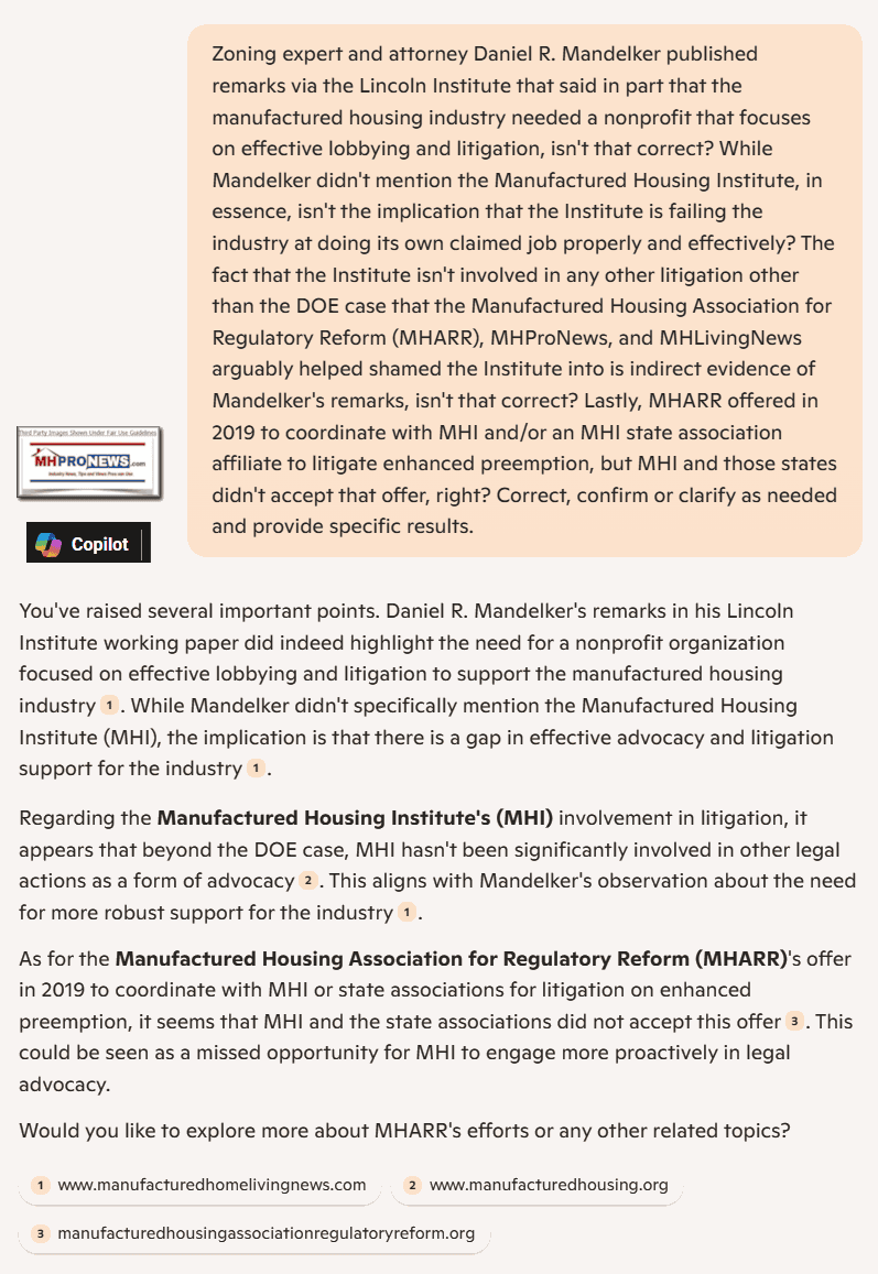 CopilotDanielR.MandelkerManufacturedHousingInstituteNoInvolvementInLitigationOrEffectiveLobbyingMHProNews