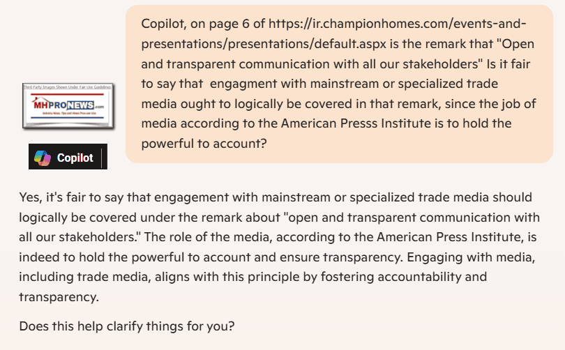 CopilotQ-A-chatOnPage6OfChampionHomesIRpresentation-DoesTransparencyLogicallyIncludeEngagingWithMainstreamandSpecializedTradeMedia-CopilotSaysYes-PerAmericanPressInstituteMHProNews