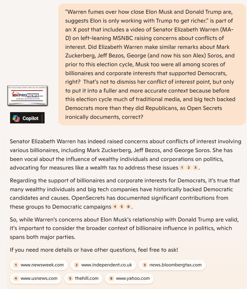 ElonMuskTrumpSenatorElizabethWarrenConflictsOfInterestMarkZuckerbergJeffBezosGeorgeAlexSorosWarrenBuffettRichCorporationsSupportDemocratsMoreThanRepublicansCopilotFactCheckMHProNews