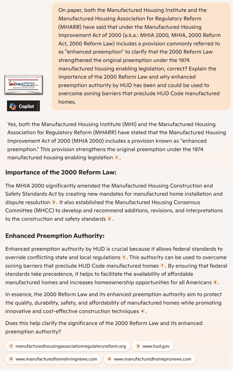 ManufacturedHousingImprovementActof2000EnhancedPreemptionManufacturedHousingInstituteManufacturedHousingAssocForRegulatoryReformMHARR-MHProNewsQ-A-Copilot