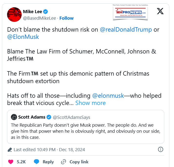 SenatorMikeLeeUT-R-DontBlameShutdownRiskOnDonaldTrumpOrElonMusk-BlameSchumerMcConnell-EtAlInSwampMHProNews