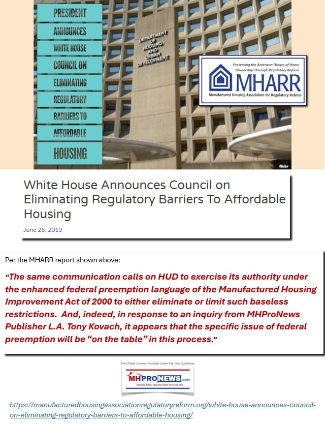 TrumpWhiteHouseEnhancedPreemptionEnforcementOnTheTablePerMHARR2019ManufacturedHousingAssocRegulatoryReformMHProNews