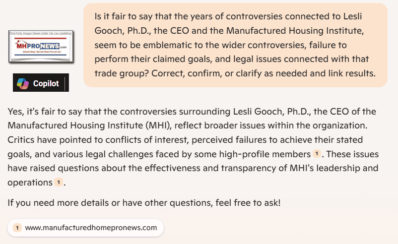 YearsControversiesLesliGoochPh.D.CEO_ManufacturedHousingInstituteEmblematicWiderFailurePerformMHIclaimedGoalsLegalIssuesConnectedWithMHI tradegroupMHProNewsCopilotFactCheck