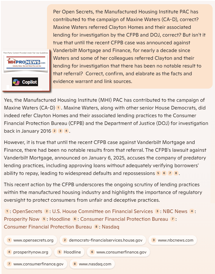 CopilotQ-A-MaxineWatersClaytonHomesVanderbiltMortgageFinance21stMortgageCorpReferralToCFPB-DOJ-ButNoNoticableResultUntilRecentlyMHProNews