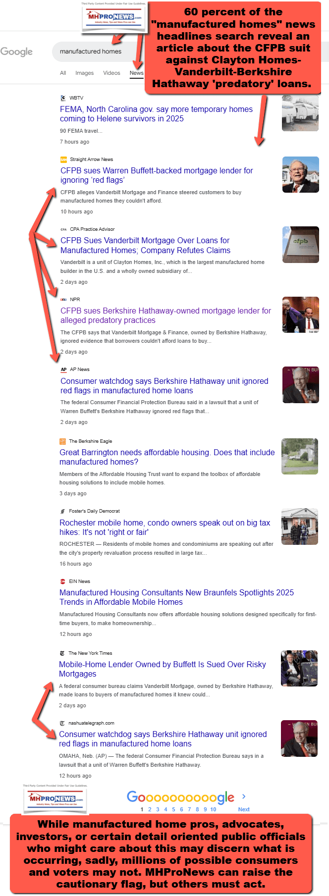 ManufacturedHomesScreenshot1.9.2025-GoogleNewsDominatedByCFPB-SuitVsWarrenBuffettLedBerkshireHathawayOwnedClaytonHomesLenderVanderbiltMortgageMHProNewsFactCheckAnalysis