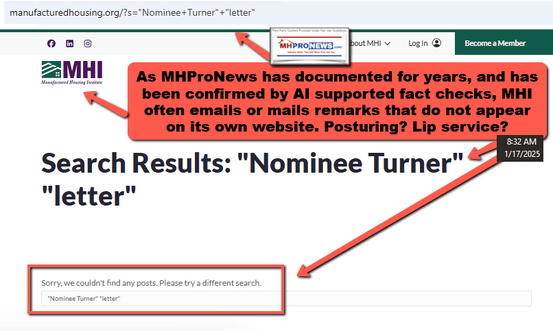 ManufacturedHousingInstitute-MHI-websiteSearchForNomineeTurnerCoalitionLetterMHProNewsFactCheck