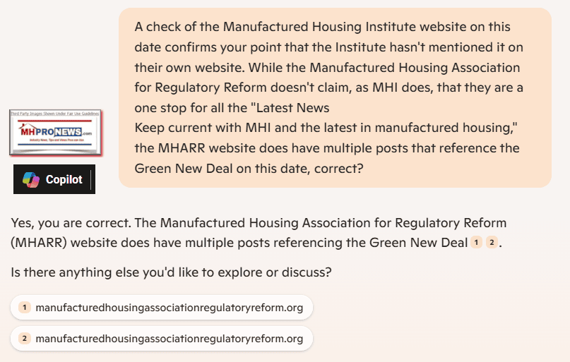 ManufacturedHousingInstituteNoMentionOfGreenNewDealManufacturedHousingAssociationForRegulatoryReformMHARR-MultipleMentionsOfGreenNewDealOn1.30.2025MHProNewCopilot