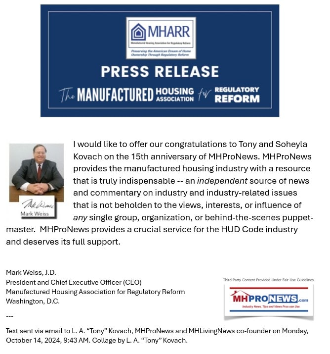 MarkWeissJDPresidentCEO-ManufacturedHousingAssocRegulatoryReformPicPhotoQuoteEndorsementKudosPraiseMHProNews15thAnniversary