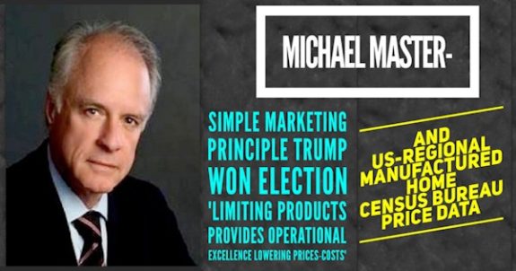 MichaelMasterSimpleMarketingPrincipleTrumpWonElectionLimitingProductsProvidesOperationalExcellenceLoweringPricesCostsAndUS-RegionalManufacturedHomeCensusBureauPriceDataMHProNews