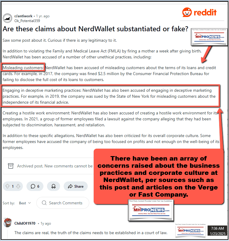 NerdWalletRedditClaimsAgainstCompanyByNewYorkStateVergeFastCompanyClassActionLitigation21stMortgageCorpManufacturedHousingInstituteMHProNewsFactCheckAnalysisCommentary