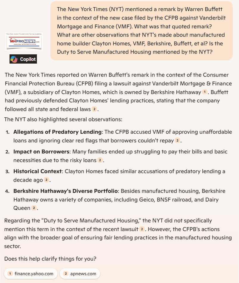 NewYorkTimesWarrenBuffettVanderbiltMortgageFinanceClaytonHomesCFPBlegalActionVs.ManufacturedHomeLenderVanderbiltScreenshot 2025-01-07 071602MHProNews