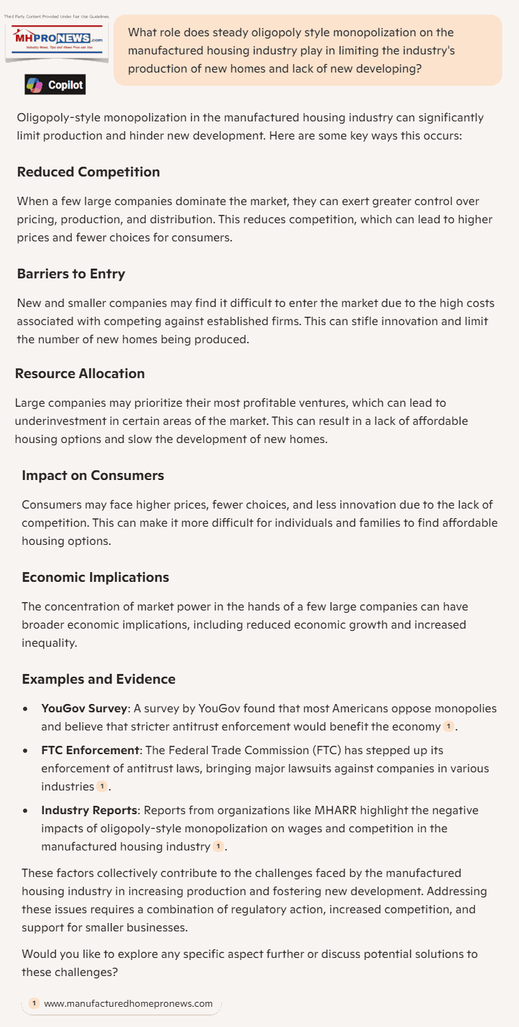 WhatRoleDoesOligopolyStyleMonopolizationHaveOnLimitingManufacturedHousingMHProNews