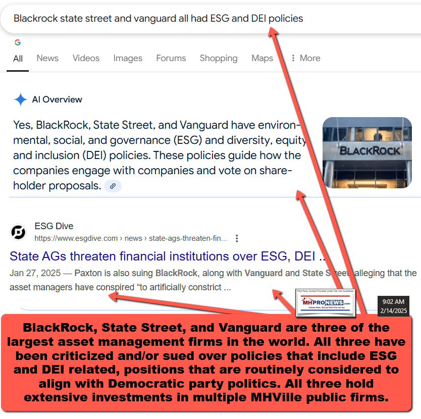 BlackRockStateStreetVanguardESG-DEI-policiesAllignWithDemocraticPartyPoliticsThreeAssetManagementGiantsHoldExtensiveInvestmentsInPubliclyTradedManufacturedHousingIndustryFirms