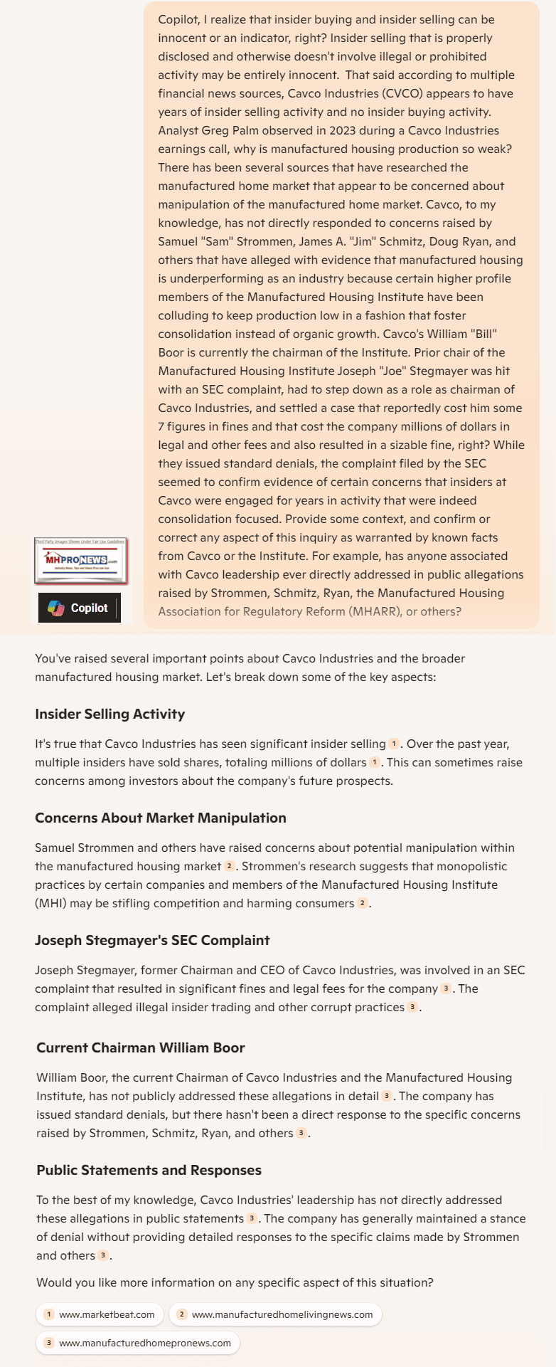 CopilotQ&AOnCavcoIndustriesManufacturedHousingInstituteMemberAntitrustConcernsRaisedBySamuelStrommenJamesJimSchmitzJrDougRyanMHARR-OthersMHProNews2.10.2025