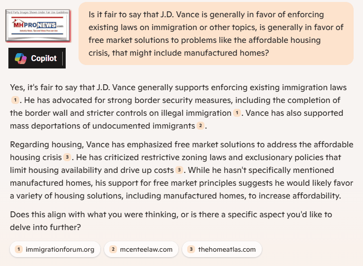 J.D.VanceSupportsFreeMarketSolutionsToHousingCrisisPlusEnforcingExistingLawsMassDeportationsOfIllegalsLogicallyOpenToManufacturedHomesCopilotMHProNews