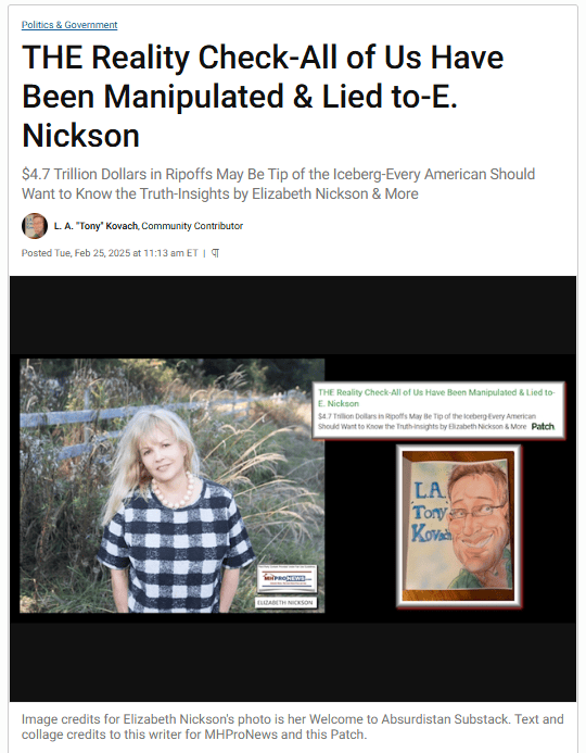 THE Reality Check-All of Us Have Been Manipulated & Lied to-ElizabethNickson$4.7TrillionDollarsInRipoffsMayBeTipofIcebergEveryAmericanShouldWantTruthInsightsByElizabethNicksonPatch