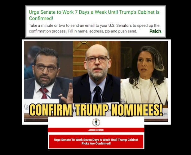 UrgeSenateToWork7DaysA_WeekUntilTrumpsCabinetIsConfirmedTakeMinuteOrTwoSendEmailToYourU.S.SenatorsToSpeedUpTheConfirmationProcessFillInNameAddressZipAndPushSendPatch616x500