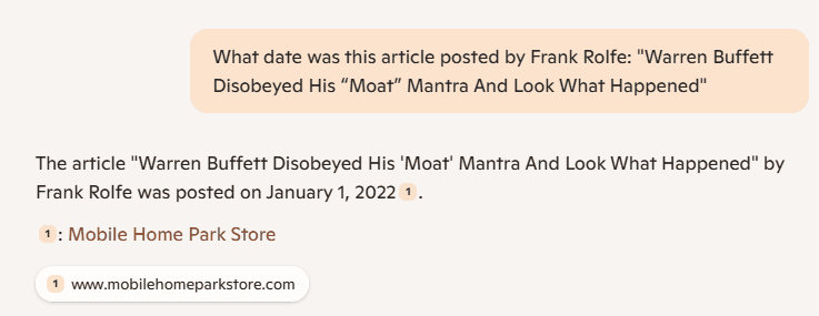 FrankRolfeWarrenBuffettDisobeyedHisMoatMantraAndLookWhatHappenedPosted1.1.2022-MHProNewsCopilotFactCheckScreenshot 2025-03-05 171934