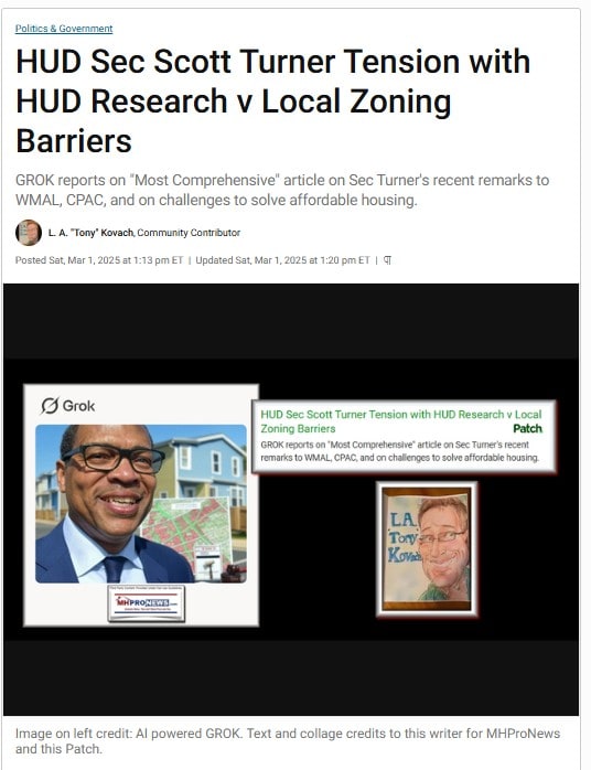 GROK-AI-HUD Sec Scott Turner Tension with HUD Research v Local Zoning Barriers Patch MHProNews LATonyKovach Manufactured Housing Manufactured Home