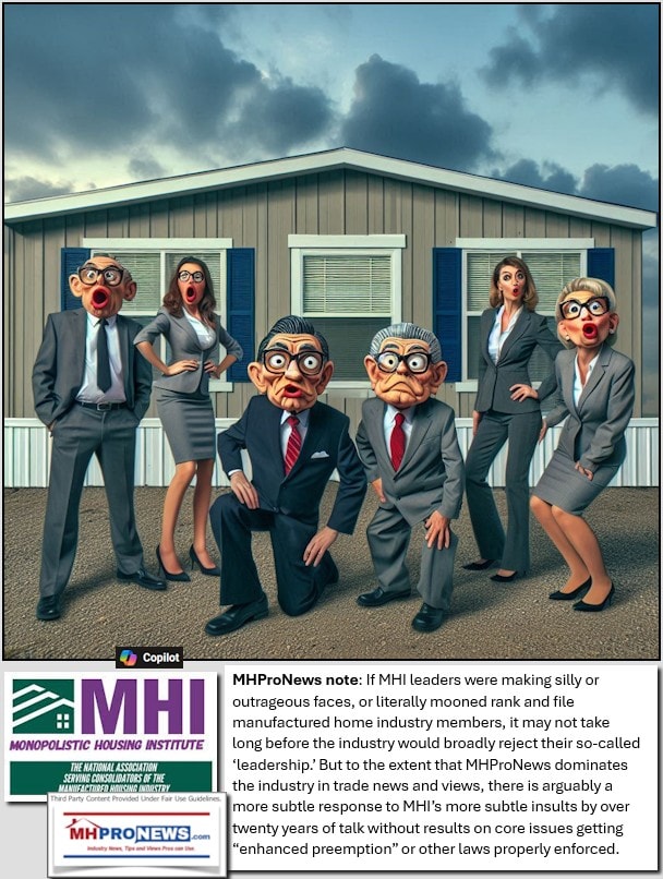 ManufacturedHousingInstituteLOGO-CopilotCartoonish image of people wearing suits making funny faces in front of a manufactured homeMHProNewsCommentary