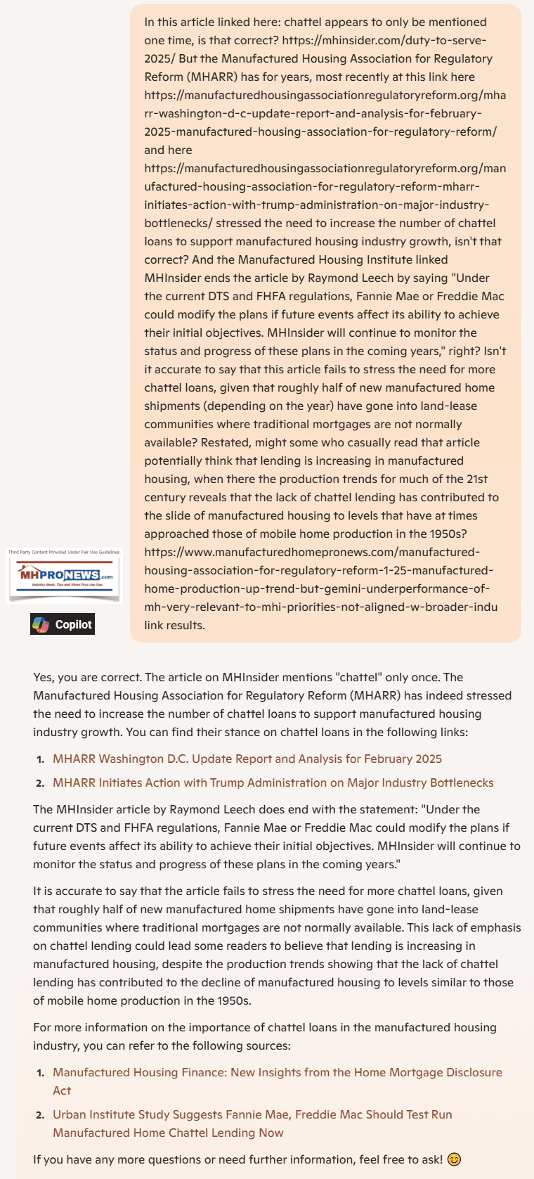 ManufacturedHousingInstituteLinkedMHInsiderArticleOnDutyToServeFactCheckedByCopilot3.13.2025FannieMaeFreddieMacMHProNewsFactCheck